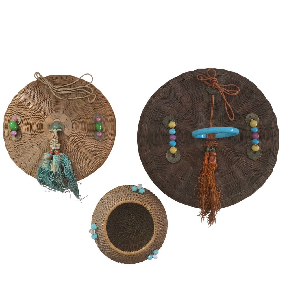 Vintage Chinese Wedding Gift Baskets Set 3 Woven Bamboo Tassels Beads Coins Boho